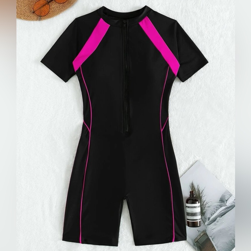 Black & White Swimsuit One Piece Zip Up